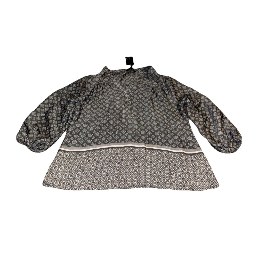 Fred David Womens Sz Medium Blouse Shirt V Neck Grey-Black White 3/4 Sleeve‎ New